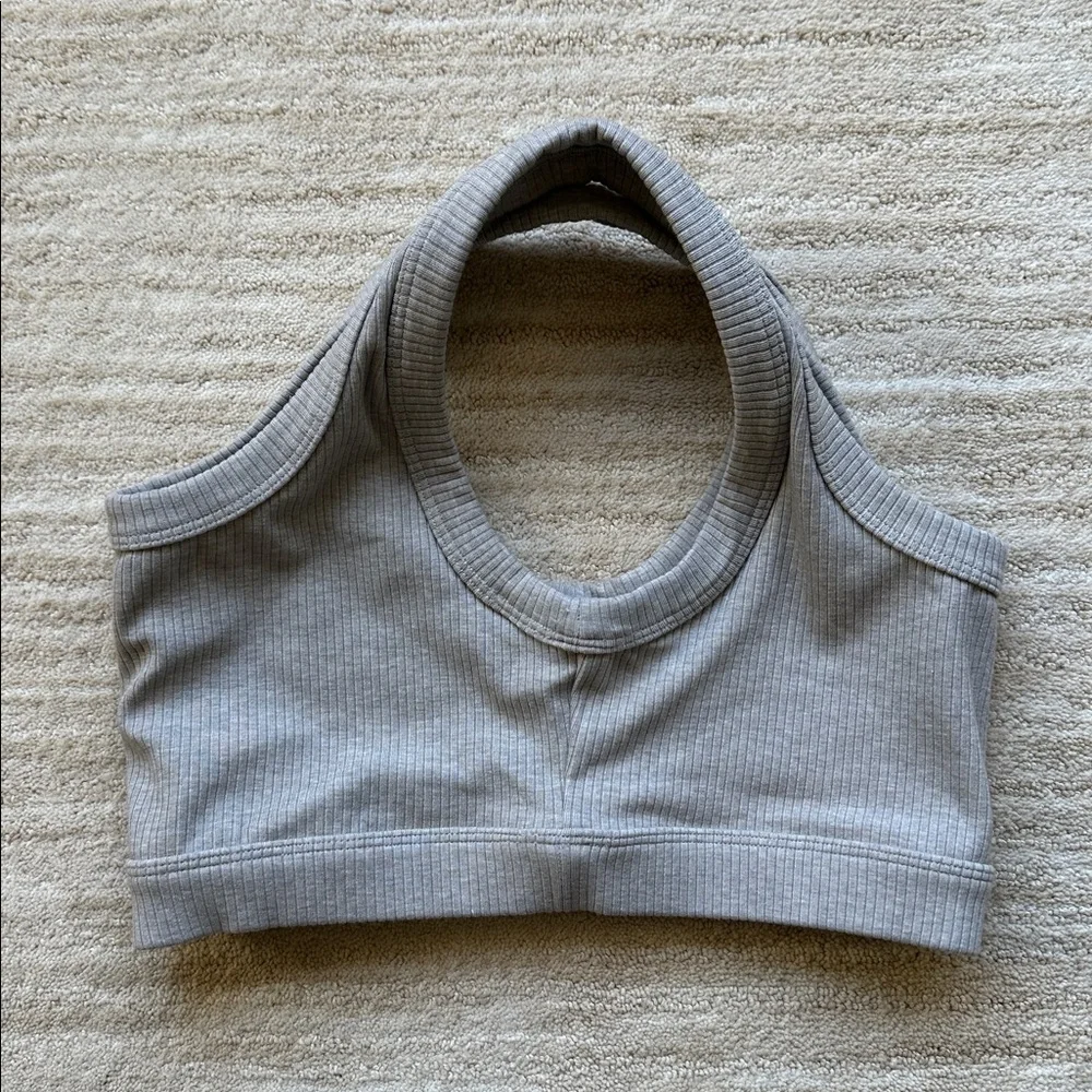 ALO Yoga Wellness Bra Ribbed Wide Thick Strap Stretch Workout Lounge Grey Medium